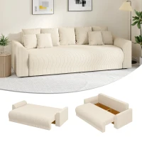 HOMCOM Sofa rozkładana 190x150 cm 3-osobowa z funkcją spania, poduszki, schowek, wygląd sztruksu do salonu, beżowa(m-11)