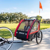 AIYAPLAY Kinder-Fahrradanhänger 2-in-1, Baby-Fahrrad-Kombiwagen 2 Sitze, höhenverstellbarer Schiebebügel, Handbremse, Sicherheitsgurt, rot(m-2)