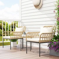 Outsunny 3 Piece Rattan Bistro Set, Wicker Garden Furniture Set with Cushions, Glass Top Coffee Table and Chairs for Outdoor, Patio, Balcony, Beige(m-7)
