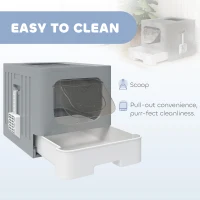 PawHut Cat Litter Box with Lid, Slide-Out Drawer, Scoop, Easy Clean, Odour Control, Anti-Splashing, Grey(m-4)