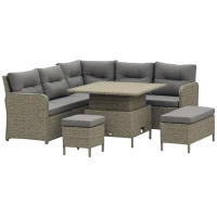 Outsunny 7 Seater Rattan Garden Furniture Set, 6 Piece Patio Dining Set with Liftable Coffee Table and Soft Padded Cushion, Wicker Sectional Conversation Corner Sofa, 123 x 55 x 84 cm, Grey(m-10)