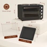 HOMCOM 28L Mini Oven with 2 Hot Plates, Countertop Toaster Oven, Grill, Roast, Bake, Boil, with Timer, Adjustable Temperature, Electric Oven with Baking Tray, Grill Rack, Crumb Tray, 2600W, Black(m-3)