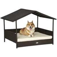 PawHut Wicker Dog House, Rattan Pet Bed, with Removable Cushion, Canopy, for Small and Medium Dogs - Cream(m-10)