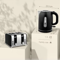 HOMCOM Kettle and Toaster Set, 1.7L 3000W Rapid Boil Jug Kettle with Otter Thermostat, Limescale Filter, 4 Slice Toaster with 7 Browning Controls, Crumb Tray, LED Strip, Black(m-3)