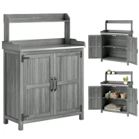 Outsunny Wooden Potting Bench Table with Aluminium Worktop, Outdoor Garden Workbench with Top Shelf and Cabinet Storage(m-10)