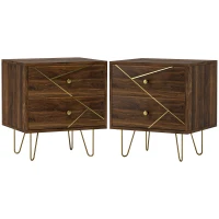 HOMCOM Bedside Tables Set of 2, Modern Side Table Set with 2 Drawers and Steel Hairpin Legs, Nightstand for Bedroom, Brown Wood Grain(m-1)