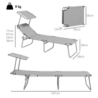 Outsunny Folding Sun Lounger Set of 2 with Canopy, Reclining Sunbed with 4-Position Adjustable Backrest, 600D Oxford Cloth, Portable Garden Lounger Recliner Chair for Beach, Camping, Patio, Light Grey(m-3)
