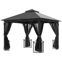 Outsunny 3 x 3m Garden Gazebo Patio Party Tent Shelter Outdoor Canopy Double Tier Sun Shade with Metal Frame and Netting, Dark Grey(m-1)
