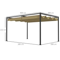 Outsunny 4 x 3(m) Metal Pergola with Retractable Roof, Garden Gazebo Canopy Shelter for Outdoor, Patio, Khaki(m-3)