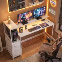 HOMCOM 147cm Gaming Desk with Charging Station and Monitor Stand, Computer Table for Home Office with RGB Lights, White(m-2)