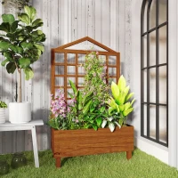 Outsunny Garden Planters with Trellis for Vine Climbing, Distressed Wooden Raised Beds, 90x43x150cm, Brown(m-8)
