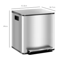HOMCOM 30L Dual Compartment Stainless Steel Bin, with Deodoriser Holders - Silver Tone(m-3)