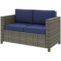 Outsunny Rattan Sofa, 2 Seater Garden Furniture with Soft Padded Cushion and Armrests, Wicker Garden Loveseat for Patio, Navy Blue(m-11)