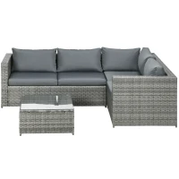 Outsunny 3 Pieces PE Rattan Garden Furniture Set with 10 cm Thick Cushions, 4 Seater Garden Corner Sofa Set with Glass Top Coffee Table, Outdoor Furniture for Patio, Porch, Grey(m-11)