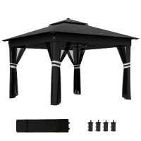 Outsunny 3.36 x 3.36m Pop Up Gazebo Party Tent with Solar-Powered LED Lights, Adjustable Event Shelter with Netting, Black(m-10)