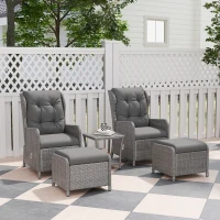 Outsunny 5 Pieces Rattan Bistro Set with Adjustable Back, Reclining Wicker Balcony Furniture with Cushions, Glass Top Coffee Table and Footstools, Outdoor Table and Chairs, Light Grey(m-2)