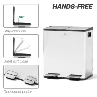HOMCOM 40L Dual Compartment Stainless Steel Bin, with Deodoriser Holders - Silver Tone(m-6)