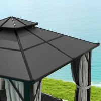 Outsunny 3 x 3(m) Hardtop Gazebo Canopy with UPF30+ Double Polycarbonate Roof, Aluminium Frame Garden Gazebo Permanent Pavilion with Mosquito Netting and Curtains for Patio, Deck, Grey(m-9)