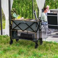 Outsunny Double Decker Folding Festival Trolley on Wheels, 200KG & 350L Capacity Collapsible Wagon Festival Trolley Cart with 134cm Extended for Camping Sports Shopping Garden and Beach, Grey(m-9)