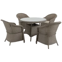 Outsunny 4 Seater Rattan Garden Furniture Set with Cushions, Round PE Rattan Dining Set with Glass-Top Table, Umbrella Hole, Outdoor Garden Table and Chairs, Mixed Grey(m-1)
