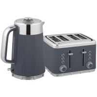 HOMCOM Electric Stainless Steel Kettle and Toaster Set, 3000W 1.7L UK Strix Thermostat Fast Boil Kettle w/ Limescale Filter, Cool Touch Body, 4 Slice Toaster with 7 Browning Levels, Crumb Tray, Grey(m-1)