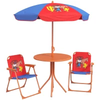 Outsunny Kids Picnic Table and Chair Set, Cowboy Themed Outdoor Garden Furniture w/ Foldable Chairs, Adjustable Parasol(m-11)