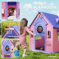 AIYAPLAY 5-in-1 Playhouse for Kids Outdoor Indoor with Basketball Hoop, Football Goal, Dartboard, Ring Toss for 2-5 Years, Pink(m-4)
