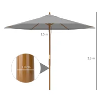Outsunny 2.5m Wood Garden Parasol Sun Shade Patio Outdoor Wooden Umbrella Canopy, Table Market Umbrella with Vent, 38mm Pole, Rope Pulley Mechanism, Light Grey(m-3)