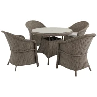 Outsunny 4 Seater Rattan Garden Furniture Set with Cushions, Round PE Rattan Dining Set with Glass-Top Table, Umbrella Hole, Outdoor Garden Table and Chairs, Mixed Grey(m-10)