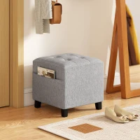 HOMCOM Square Footstool, Small Ottoman with Side Pocket, Linen Fabric Footrest Foot Stool with Rubber Wood Legs and Padded Seat for Living Room, Bedroom, Entryway, 35 x 35 x 35cm, Light Grey(m-2)