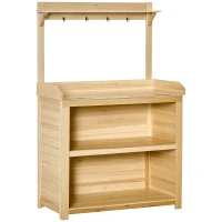 Outsunny Garden Potting Bench Table, Wooden Workstation Bench w/ Galvanized Metal Tabletop, Storage Shelves and Hooks, Natural(m-10)
