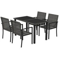 Outsunny Outdoor Dining Set 5 Pieces Patio Conservatory with Tempered Glass Tabletop,4 Dining Chairs - Grey(m-1)