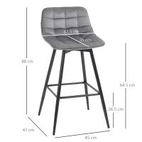 HOMCOM Set di 2 Sgabelli da Bar Effetto Velluto, Seduta Imbottita in Tessuto con Gambe in Metallo e Schienale, Grigio(m-3)