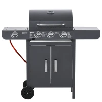 Outsunny 3+1 Burner Gas BBQ Grill, Outdoor Barbecue Trolley with Wheels, Warming Rack, Side Shelves, Cabinet, Thermometer for Garden, Party, Camping, 110L x 50W x 100Hcm, Grey(m-10)