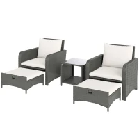 Outsunny Five Piece Rattan Garden Furniture Set with 2-Tier Coffee Table and Ottomans  - Cream White(m-11)