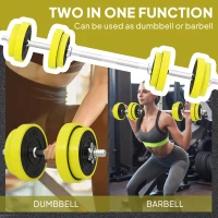 HOMCOM 20KGS 2-In-1 Dumbbell & Barbell Adjustable Set Strength Muscle Exercise Fitness Plate Bar Clamp Rod Home Gym Sports Area, Yellow(m-4)