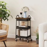 HOMCOM 3-Tier Kitchen Storage Trolley with on Wheels Cover Top Board - Rustic Brown and Black(m-8)