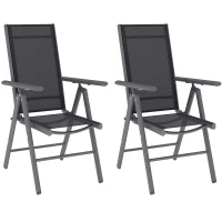 Outsunny Set of 2 Folding Garden Chairs, Aluminium Frame Outdoor Dining Chairs with Breathable Mesh Back and Seat, Garden Folding Chair Set with Armrests for Balcony, Dark Grey(m-1)