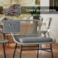 Outsunny 3 Pieces Rattan Bistro Set, Wicker Small Garden Table and Chairs Set with Cushions and Glass Top Coffee Table, Bistro Garden Furniture Set for Outdoor, Patio, Balcony, Light Grey(m-6)