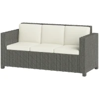 Outsunny 3 Seater Rattan Sofa All-Weather Wicker Weave Metal Frame Chair with Fire Resistant Cushio-Cream(m-11)