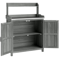 Outsunny Wooden Potting Bench Table with Aluminium Worktop, Outdoor Garden Workbench with Top Shelf and Cabinet Storage