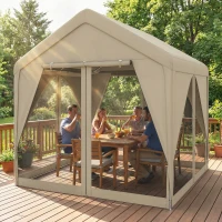 Outsunny 3 x 3 m Patio Gazebo with Netting & Curtains, Outdoor Canopy Shelter with Galvanised Steel Frame, Khaki(m-9)
