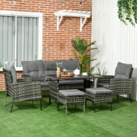 Outsunny 7 Seater Rattan Garden Furniture Set, 6 Piece Patio Dining Set, Armchairs, 3-Seater Sofa, Footstools, Glass Dining Table, Cushions, Wicker Outdoor Furniture for Conservatory Patio Mixed Grey(m-2)