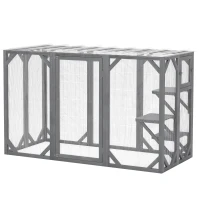 PawHut 71" Outdoor Wooden Cat House with Three Platforms, Large Door, Water-Resistant Roof, for Multiple Cats, Grey(m-11)