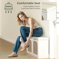 HOMCOM Boho Shoe Bench with Padded Seat and 2 Flip-Drawers - White(m-5)