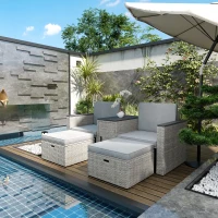 Outsunny 5 Piece Rattan Garden Furniture Set with Storage Table, Footstools, Cushions, Grey(m-2)