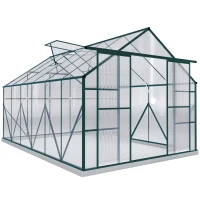 Outsunny 8 x 12ft Aluminium Greenhouse Polycarbonate Walk in Garden Greenhouse Kit with Adjustable Roof Vent, Double Sliding Door, Rain Gutter and Foundation, Clear(m-11)