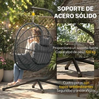 Outsunny Cadeira Suspensa com Suporte Cadeira Baloiço de Exterior com Cesta Dobrável Almofada e Apoio para a Cabeça 120x106x188 cm  Cinza(m-4)