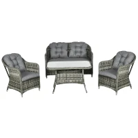 Outsunny Four-Piece Rattan Set, with Glass-Top Table - Grey(m-11)