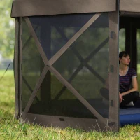 Outsunny 3 x 3(m) Hexagon Pop Up Gazebo with 5 Sides and Carry Bag, Waterproof, UV Resistant Party Tent Instant Event Shelter with Netting for Garden, Patio, Brown(m-9)